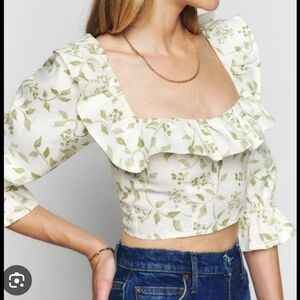 Reformation Edgewater Linen top in a green floral pattern